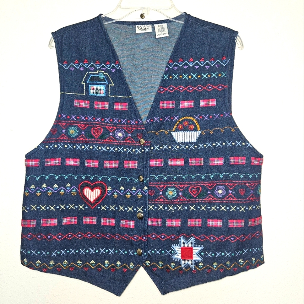 Vintage 90s Womens Patchwork Vest Lrg Teacher Core Cottage Grandmacore Western